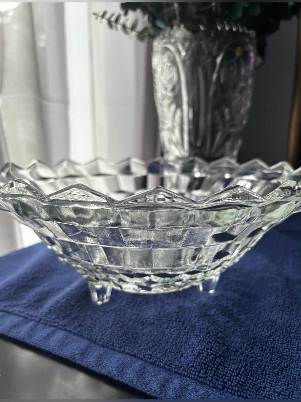 Whitehall  Cubist pattern Clear Glass Footed Bowl